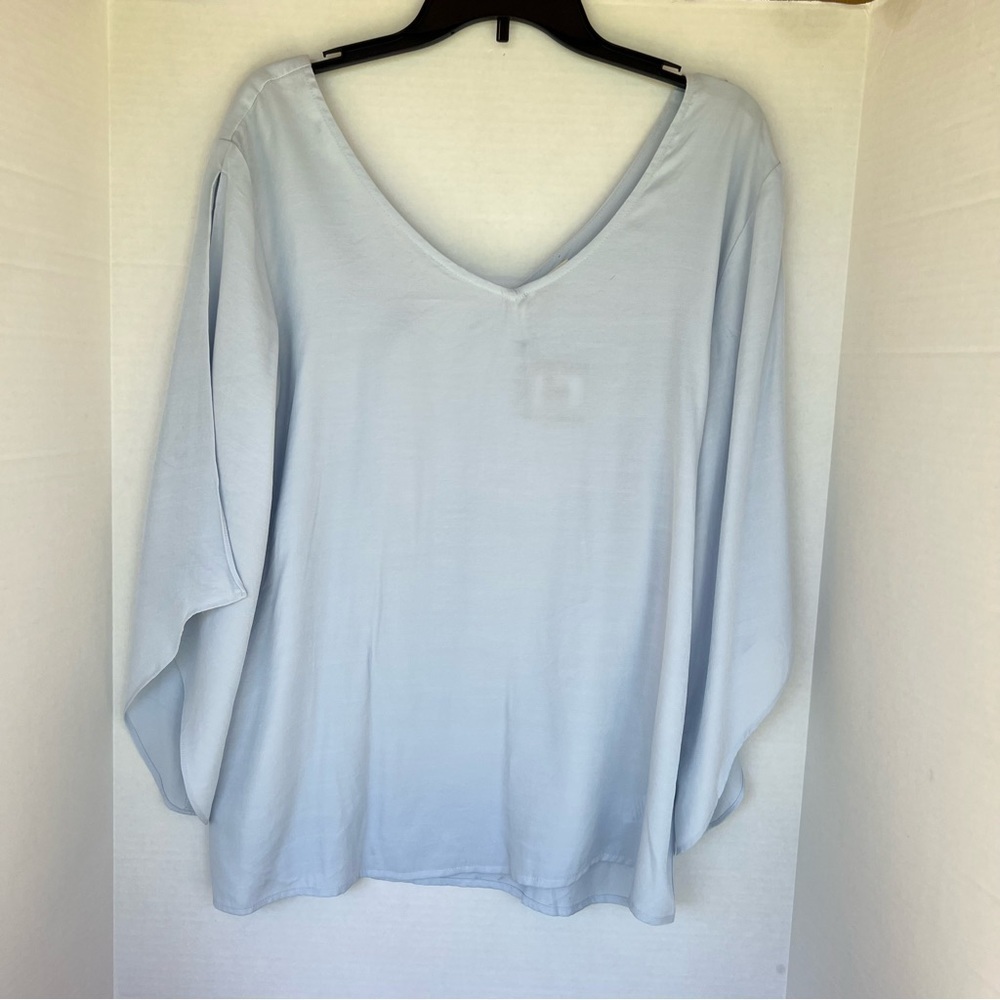 Mazik Blouse w/ Split Sleeves Bow Back Blue Sz Small V-Neck Casual Summer Beach